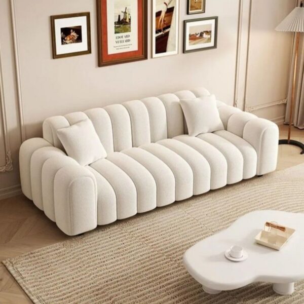 كنبة 3 مقاعد خشب طبيعي و قماش بوكليه - ابيض