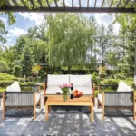 ⁦طقم كنبة حديقة خشب زان أحمر مشدود بأحبال قوية وقماش وتربروف مقاوم للعوامل الجوية⁩ - الصورة ⁦2⁩